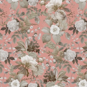 Vintage Golden Summer Birds And White Roses, Romanticism: Maximalism Moody Florals - Antiqued Peonies and Nostalgic Camellias- Antique Botany Wallpaper and Victorian Mystic inspired for powder room - Peach Preserve 