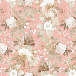 Vintage Golden Summer Birds And White Roses, Romanticism: Maximalism Moody Florals - Antiqued Peonies and Nostalgic Camellias- Antique Botany Wallpaper and Victorian Mystic inspired for powder room - light peach