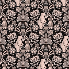 BEAR TALKS | MEDIUM | Folk Block Print whimsical and stylish woodland pattern with paisley-like florals - light peach on anthracite, black background