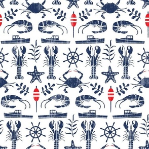 Nautical Lobster Crab and Shrimp Crustacean Navy and White Block Print Medium Scale 