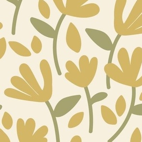 Retro mid-century modernist style flowers - summer blossom wallpaper design with leaves and flowers golden honey yellow sage green on cream 