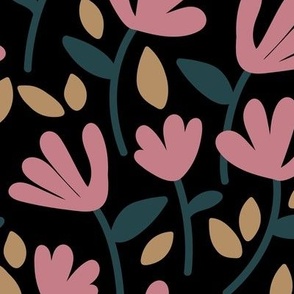 Retro mid-century modernist style flowers - summer blossom wallpaper design with leaves and flowers sand pink teal on black