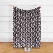 Retro mid-century modernist style flowers - summer blossom wallpaper design with leaves and flowers golden ivory on navy blue