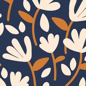 Retro mid-century modernist style flowers - summer blossom wallpaper design with leaves and flowers golden ivory on navy blue