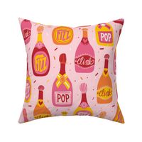 Pop, Fizz, Clink champagne bottles and confetti sprinkles in pink, red, orange and yellow