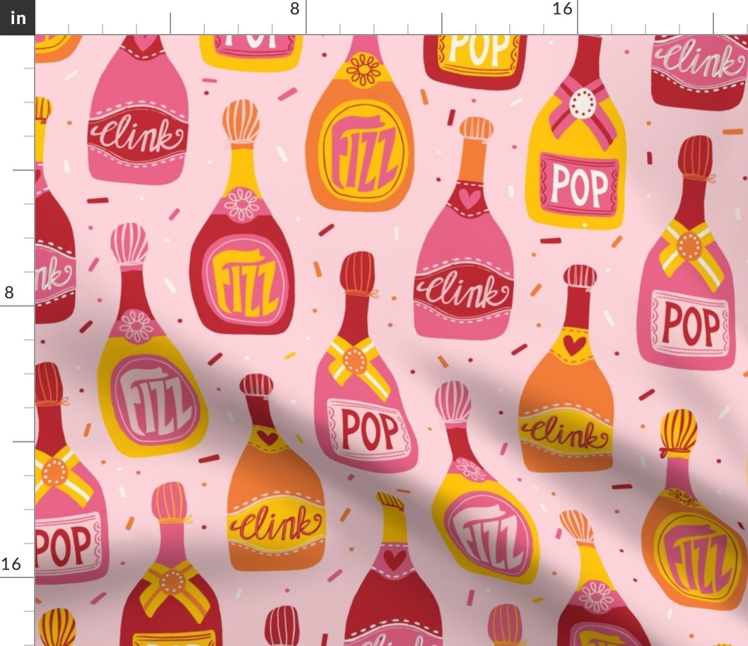 Pop, Fizz, Clink champagne bottles and confetti sprinkles in pink, red, orange and yellow