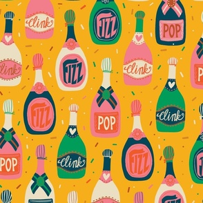 Pop, Fizz, Clink champagne bottles and confetti sprinkles in bold colours