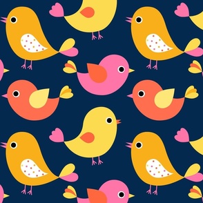 Cute colorful cartoon birds in yellow , pink and dark blue 