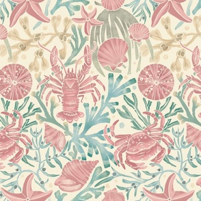 Vintage seashells, crustaceans and seaweed on a cream background (large scale)