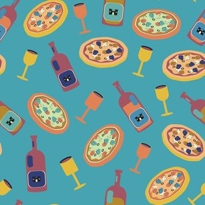 Pizza and Wine Party - 3D vector art on blue background. Did someone order pepperoni?