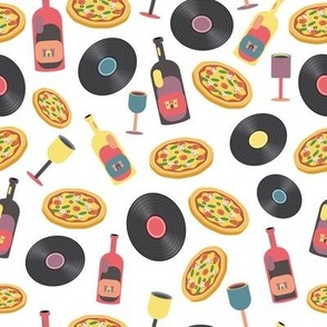 Pizza, Records, & Wine Pattern: The Ultimate Introvert's Party Essentials - Vector colourful and fun 3D art 