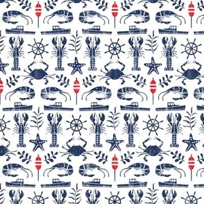 Nautical Lobster Crab and Shrimp Crustacean Navy and White Block Print Small Scale 