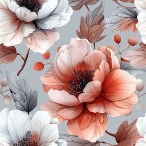Delicate Watercolor Peonies, Red and White on Grey