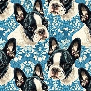 Boston Terrier on Blue Floral