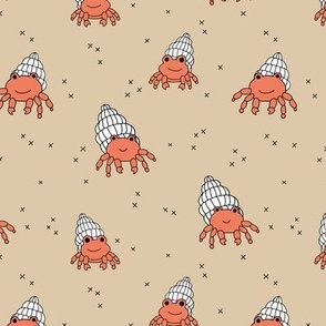 Cute shells and crabs - summer freehand sea life animals for kids tangerine orange on sand
