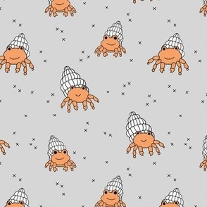 Cute shells and crabs - summer freehand sea life animals for kids orange on gray