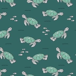 Under water world - deep sea turtles and fish summer kids freehand illustration design teal on green 