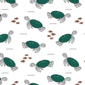 Under water world - deep sea turtles and fish summer kids freehand illustration design teal on white 