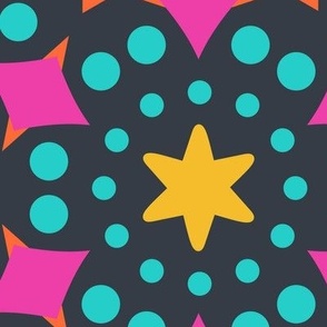 Cosmic Confetti // large print // Yellow Stars, Turquoise Polka Dots & Hot Pink Diamonds on Dark Gray