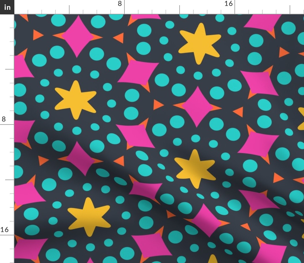Cosmic Confetti // large print // Yellow Stars, Turquoise Polka Dots & Hot Pink Diamonds on Dark Gray