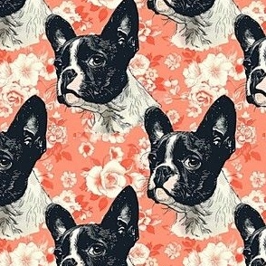 Boston Terrier on Peach Floral