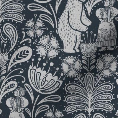 FOLK BEAR AND MAIDEN | Medium Size | Glam and whimsy block print tale - woodland paisleys and florals with bears and humans in nature harmony |  Midnight Blue and Stone Grey