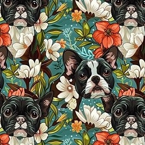 Boston Terrier on Teal Floral