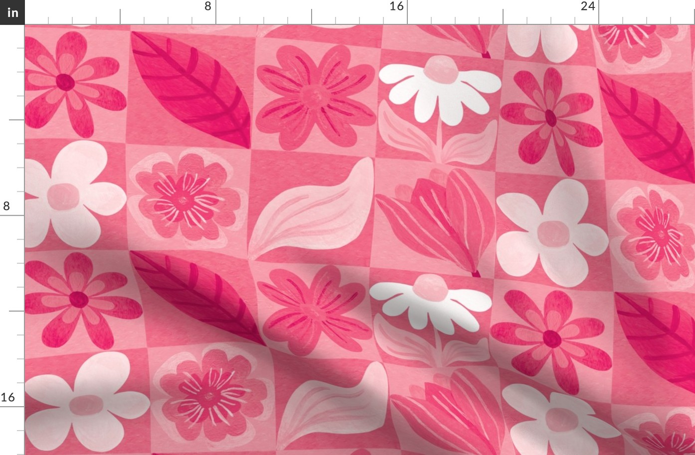 Pink Monochrome Grid Pattern with Abstract Flowers