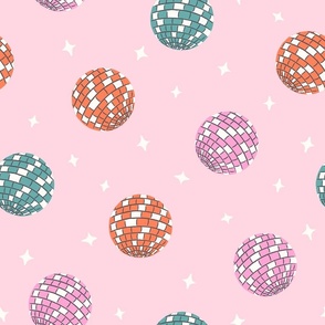 Groovy Nights! Whimsical 70s Disco Balls on a Pink Background