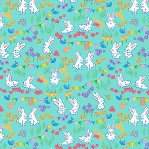 Bunny garden party in light turquoise. Small scale