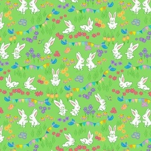 Bunny garden party in pastel green. Small scale