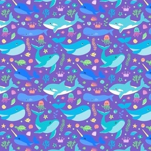 Small Ocean Whales Colorful On Purple