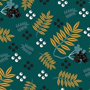 Rowan berries and leaves gold black white  on emerald green_12 inch