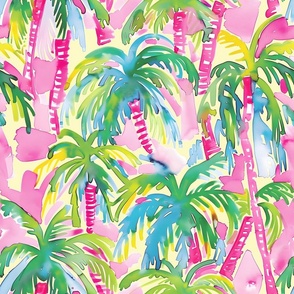Lilly's Pink Palms - On Banana Cream Wallpaper - New