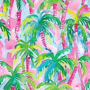 Lilly's Pink Palms - On Blue Wallpaper - New