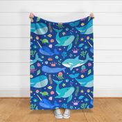 XL Ocean Whales Blue on Blue Extra Large for Bedding and Curtains