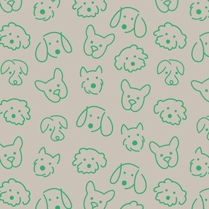 Modernist Freehand dog friends - Cute retro puppy faces and fluffy nose jade green on beige