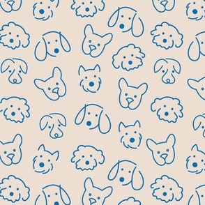 Modernist Freehand dog friends - Cute retro puppy faces and fluffy nose eclectic blue on sand