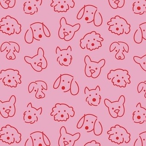 Modernist Freehand dog friends - Cute retro puppy faces and fluffy nose red on pink