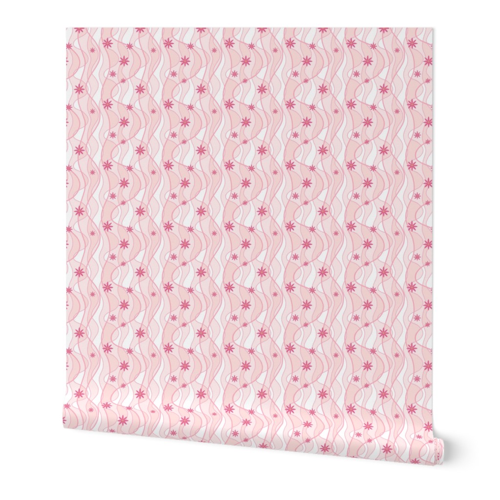 Small Wavy Ribbons and Daisies Abstract, Pink and White