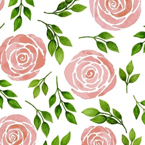 Watercolour roses with leaves, white background. Seamless floral pattern-317.