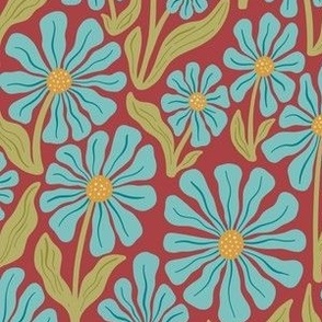 Retro Daisy Party // Medium // Light Turquoise and Red