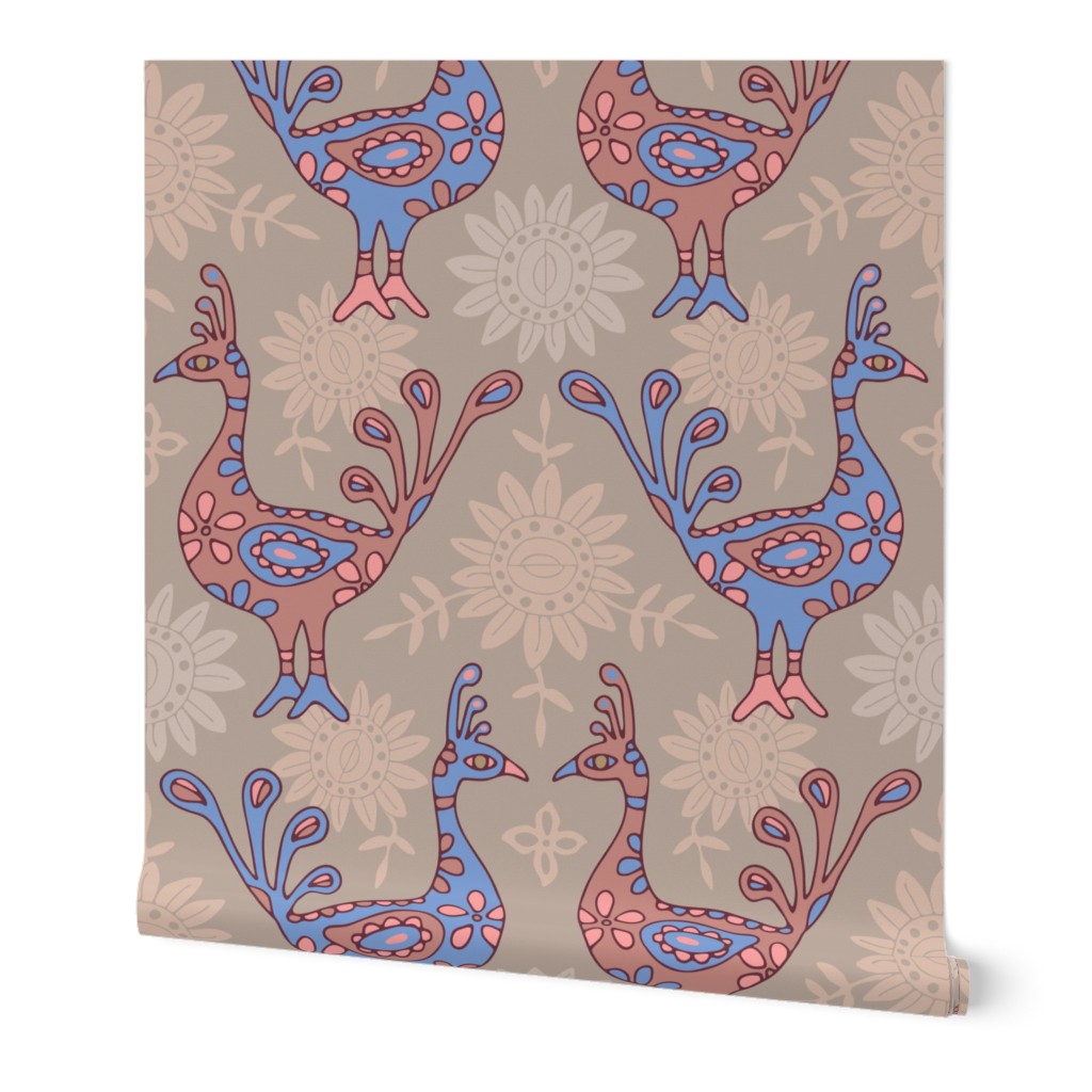 PEACOCK GARDEN Bohemian Exotic Birds in Sunset Azure Blue Rust Blush Pink Mauve on Neutral Beige - LARGE Scale - UnBlink Studio by Jackie Tahara