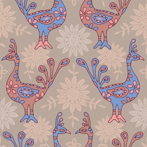 PEACOCK GARDEN Bohemian Exotic Birds in Sunset Azure Blue Rust Blush Pink Mauve on Neutral Beige - LARGE Scale - UnBlink Studio by Jackie Tahara