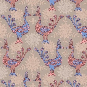 PEACOCK GARDEN Bohemian Exotic Birds in Sunset Azure Blue Rust Blush Pink Mauve on Neutral Beige - SMALL Scale - UnBlink Studio by Jackie Tahara