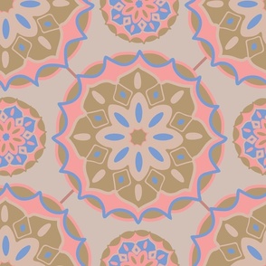 MOSAIQUE Bohemian Floral Mandala Tiles in Sunset Blush Pink Yellow-Green Azure Blue on Warm Sand - LARGE Scale - UnBlink Studio by Jackie Tahara