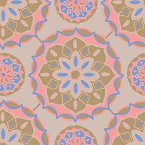 MOSAIQUE Bohemian Floral Mandala Tiles in Sunset Blush Pink Yellow-Green Azure Blue on Warm Sand - MEDIUM Scale - UnBlink Studio by Jackie Tahara