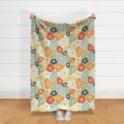 vintage mosaic flower large - lighthearted bold colorful flowers - block print floral wallpaper and fabric