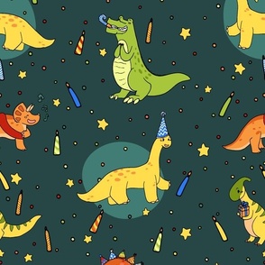 Bright Birthday Party Dinosaurs on Dark Green Background [Small]