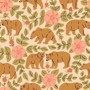 Forest Bears in Rose Pink Woodland Bushes, Adorable Animals with Green Leaves and Flowers 